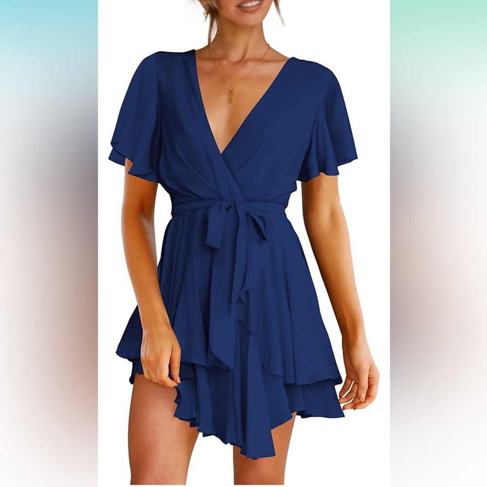 NWOT: Navy Deep V-Neck Waist Tie Ruffle Swing Skater Dresses